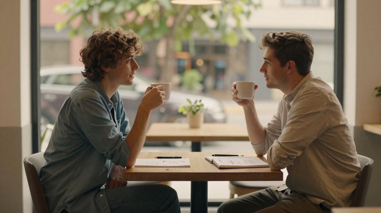 Duas pessoas sentadas à mesa num café, a conversar e a beber café.