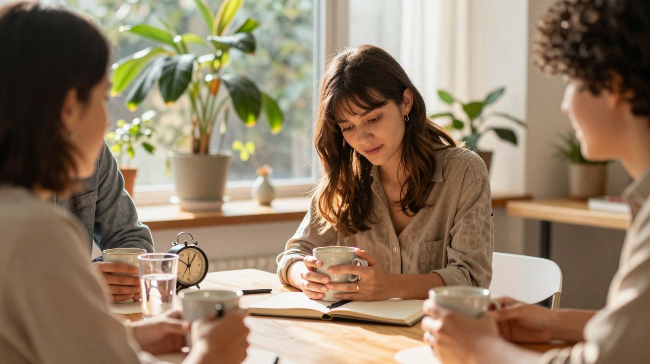 Grupo de jovens reunidos à volta de uma mesa com chávenas e livro, num ambiente luminoso e descontraído.