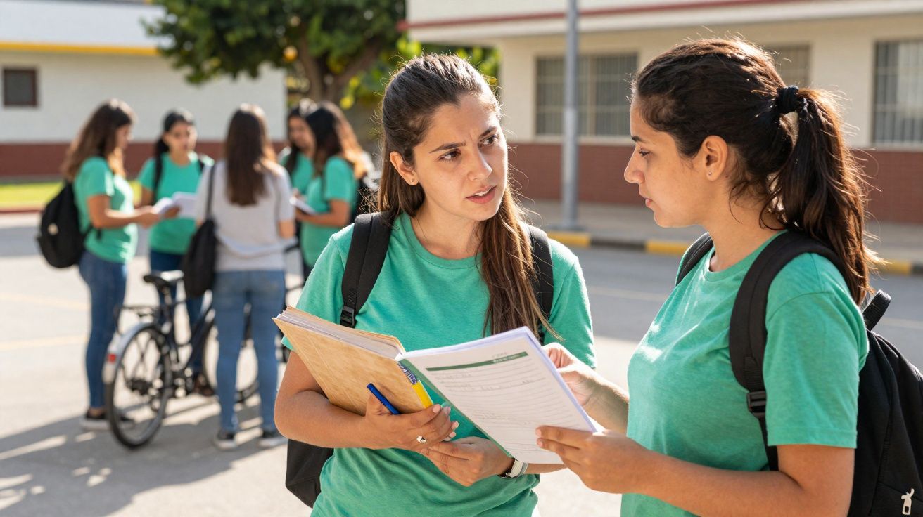 Duas estudantes com mochila e roupa verde a conversar e a estudar ao ar livre com mais colegas ao fundo.
