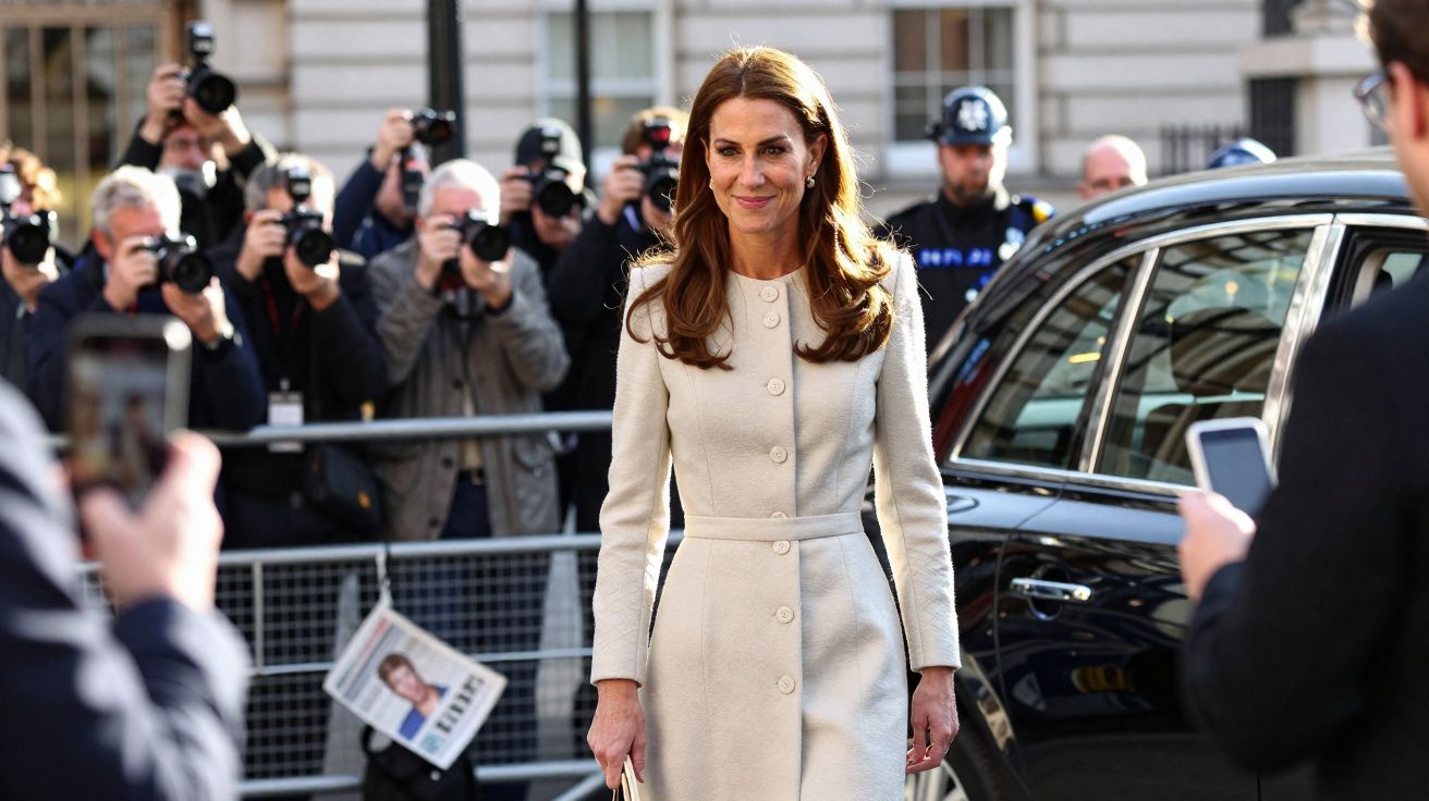 Mulher elegante com casaco claro sorri perante uma multidão de fotógrafos num ambiente urbano.