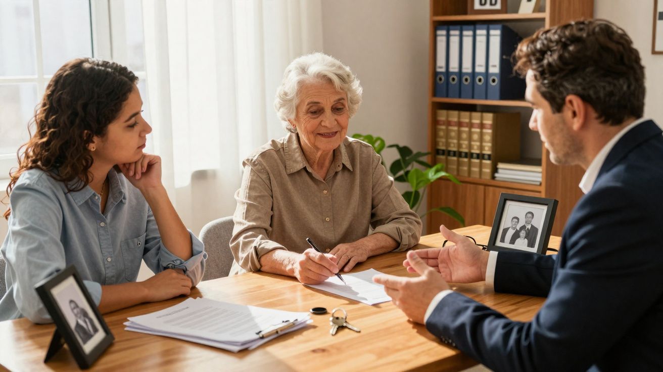 Três pessoas sentadas à mesa de escritório, discutindo documentos e acordos, expressão séria e atenta.
