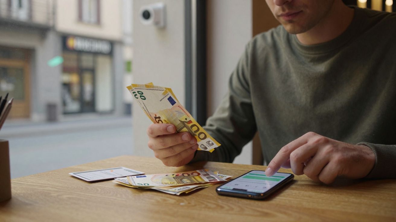 Pessoa conta notas de euro enquanto consulta aplicação no telemóvel numa mesa junto a uma janela.