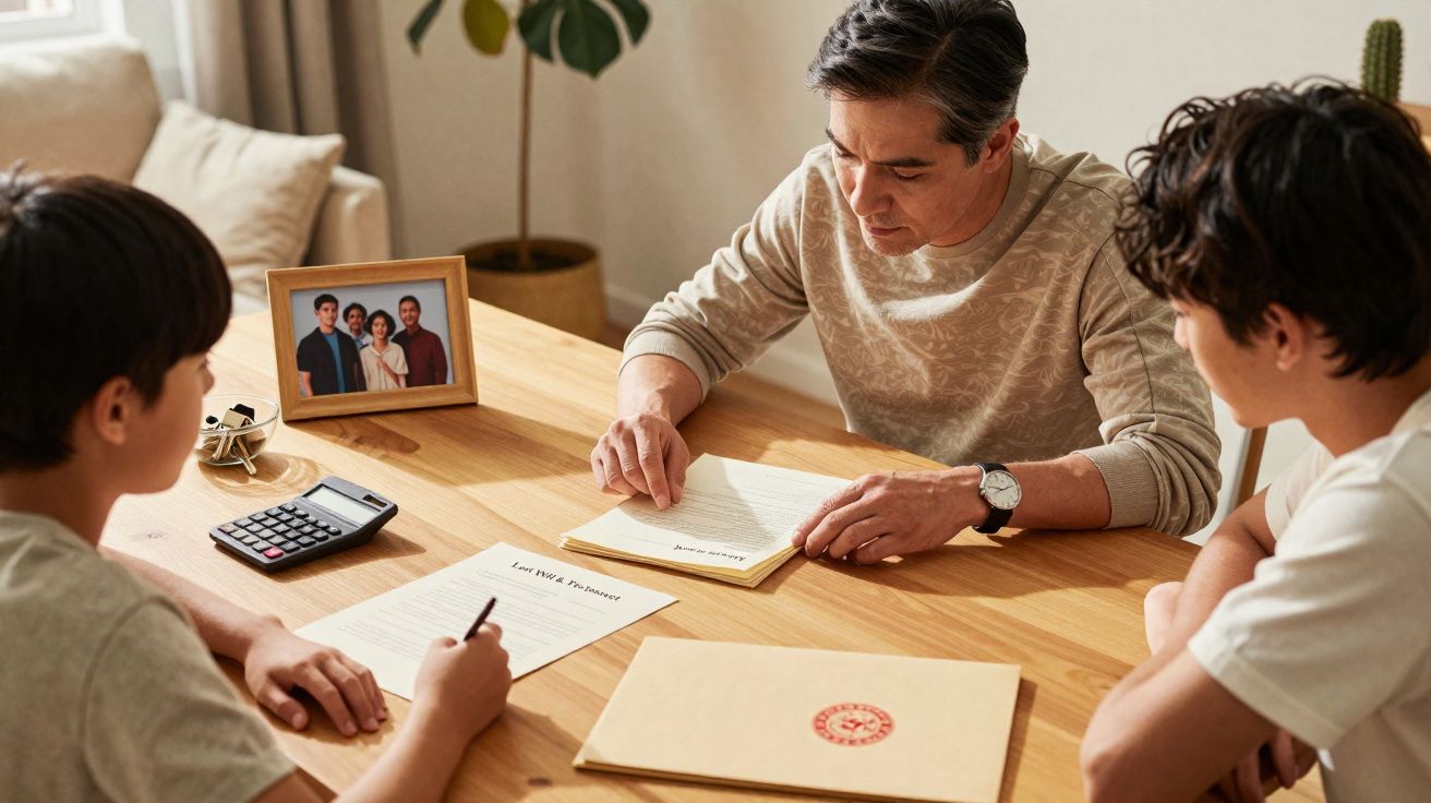 Pai e dois filhos a ler documentos numa mesa de madeira com uma família emoldurada ao lado.
