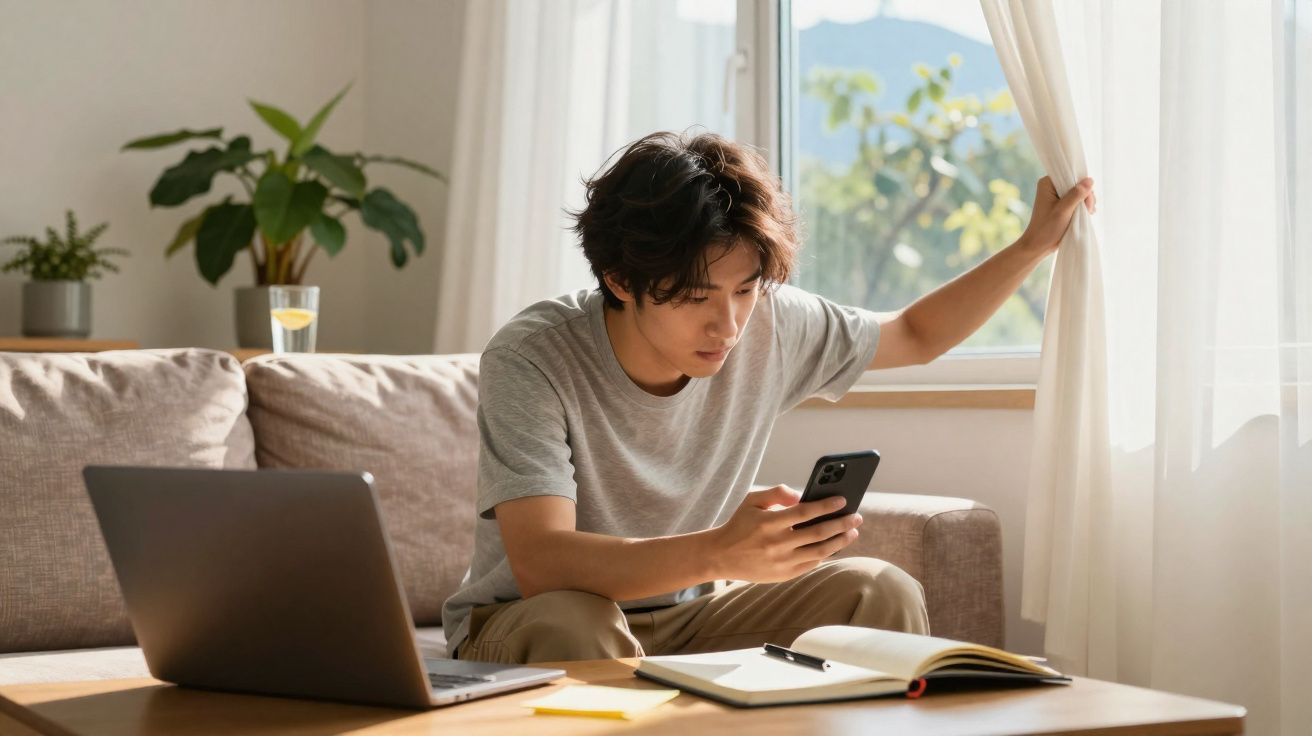 Jovem sentado no sofá com portátil e caderno, segurando smartphone e abrindo a cortina durante o dia.