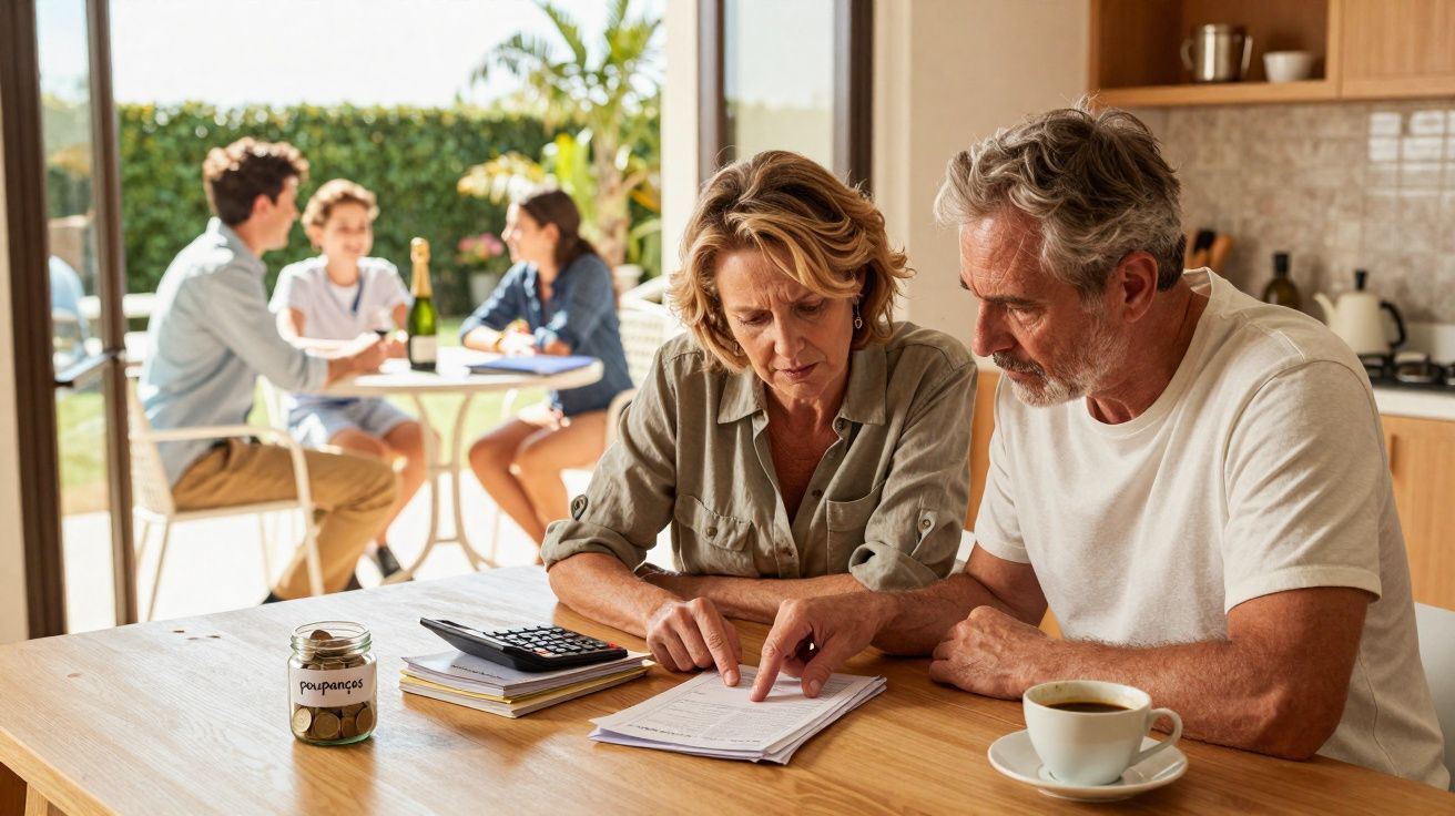Casal sénior a analisar contas numa cozinha, com jarro de moedas etiquetas "poupanças"; família ao fundo na varanda.