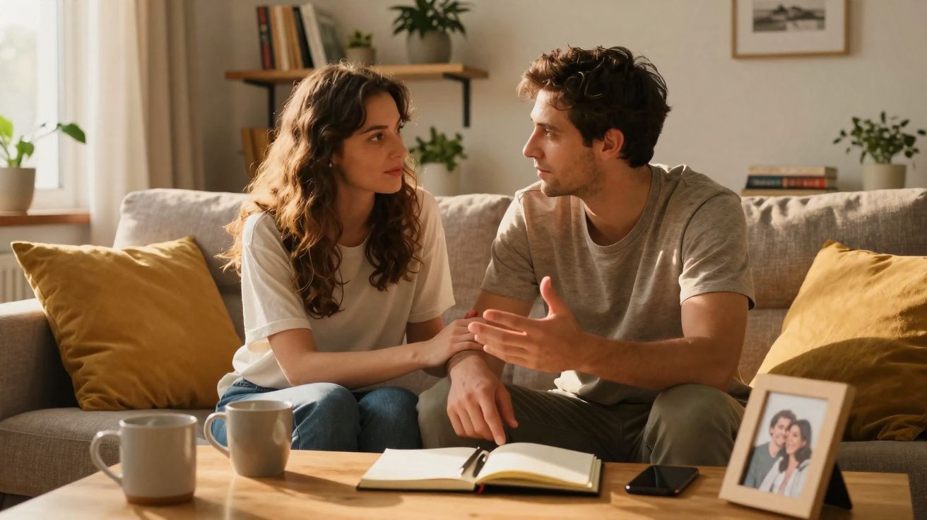 Casal sentado no sofá a conversar, com cadernos, canecas e uma foto na mesa de centro.