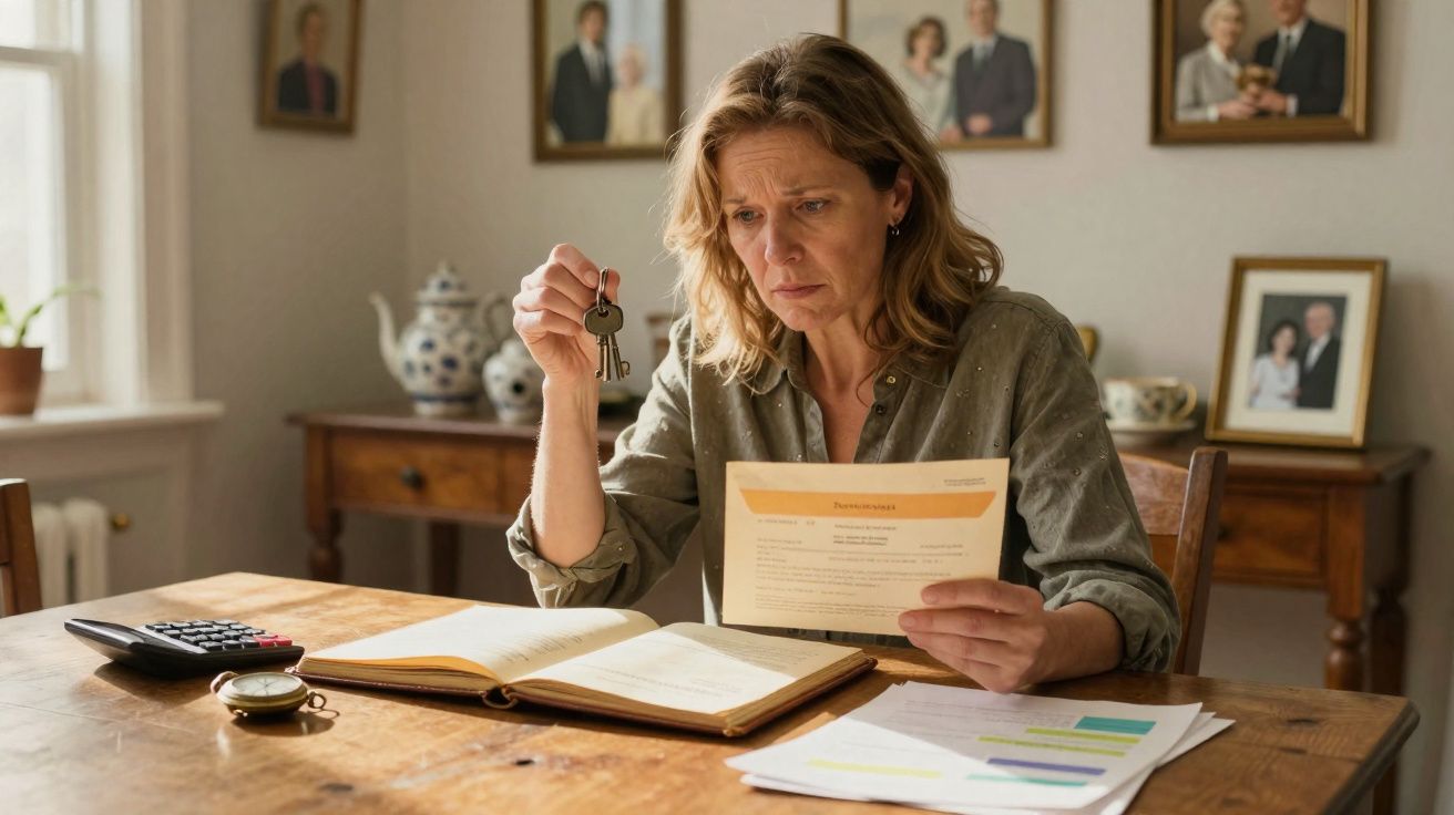 Mulher preocupada lê carta e segura chaves numa mesa com documentos e calculadora numa sala de estar.