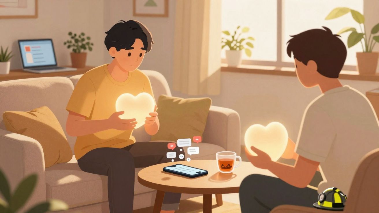 Duas pessoas sentadas com corações luminosos nas mãos, numa sala acolhedora com luz natural.