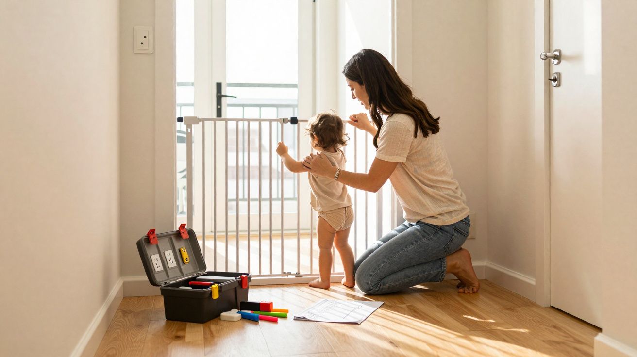 Mulher a colocar portão de segurança para bebé numa porta, com caixa de ferramentas e brinquedos no chão.