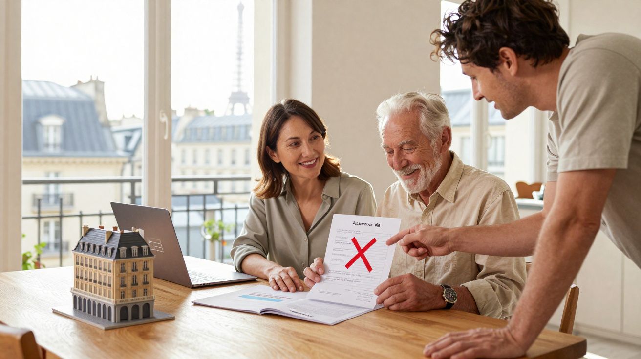 Três pessoas discutem documentos num escritório com modelo de prédio e portátil na mesa, ambiente iluminado.