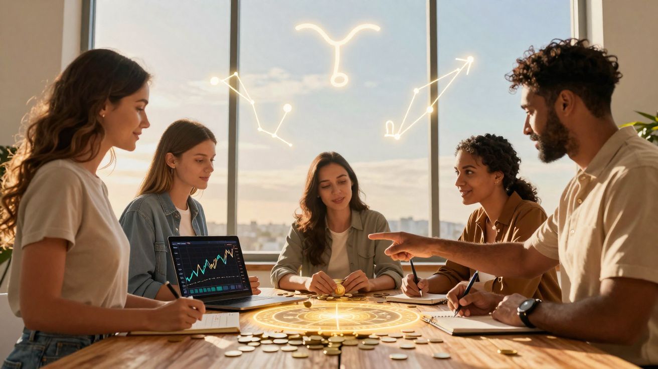 Grupo de cinco pessoas à volta de uma mesa, a analisar gráficos num laptop e símbolos de astrologia.