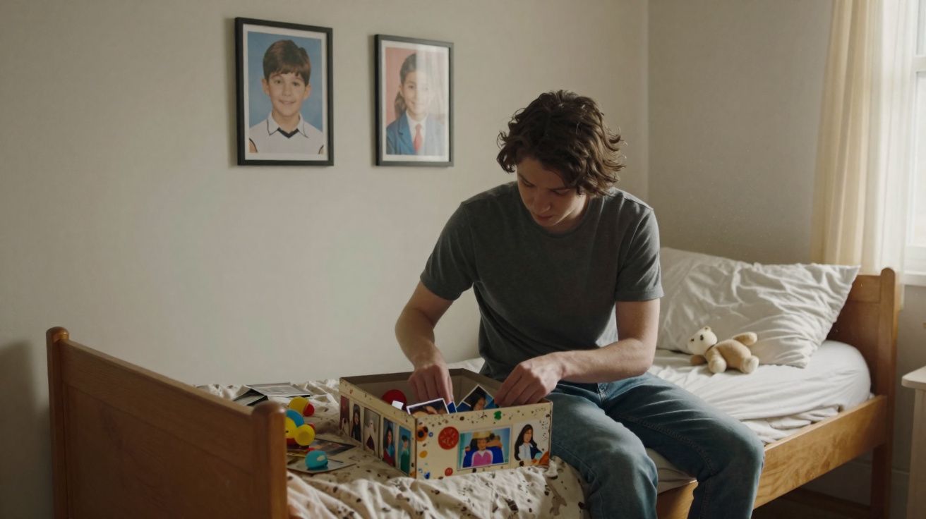 Jovem sentado na cama a mexer numa caixa com fotografias, com duas molduras de fotos na parede.