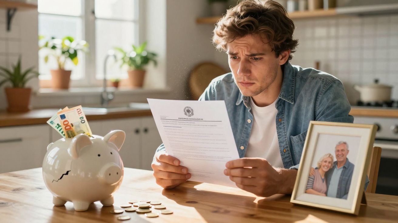 Homem preocupado lê documento sentado à mesa com mealheiro partido e fotografia de casal envelhecido.