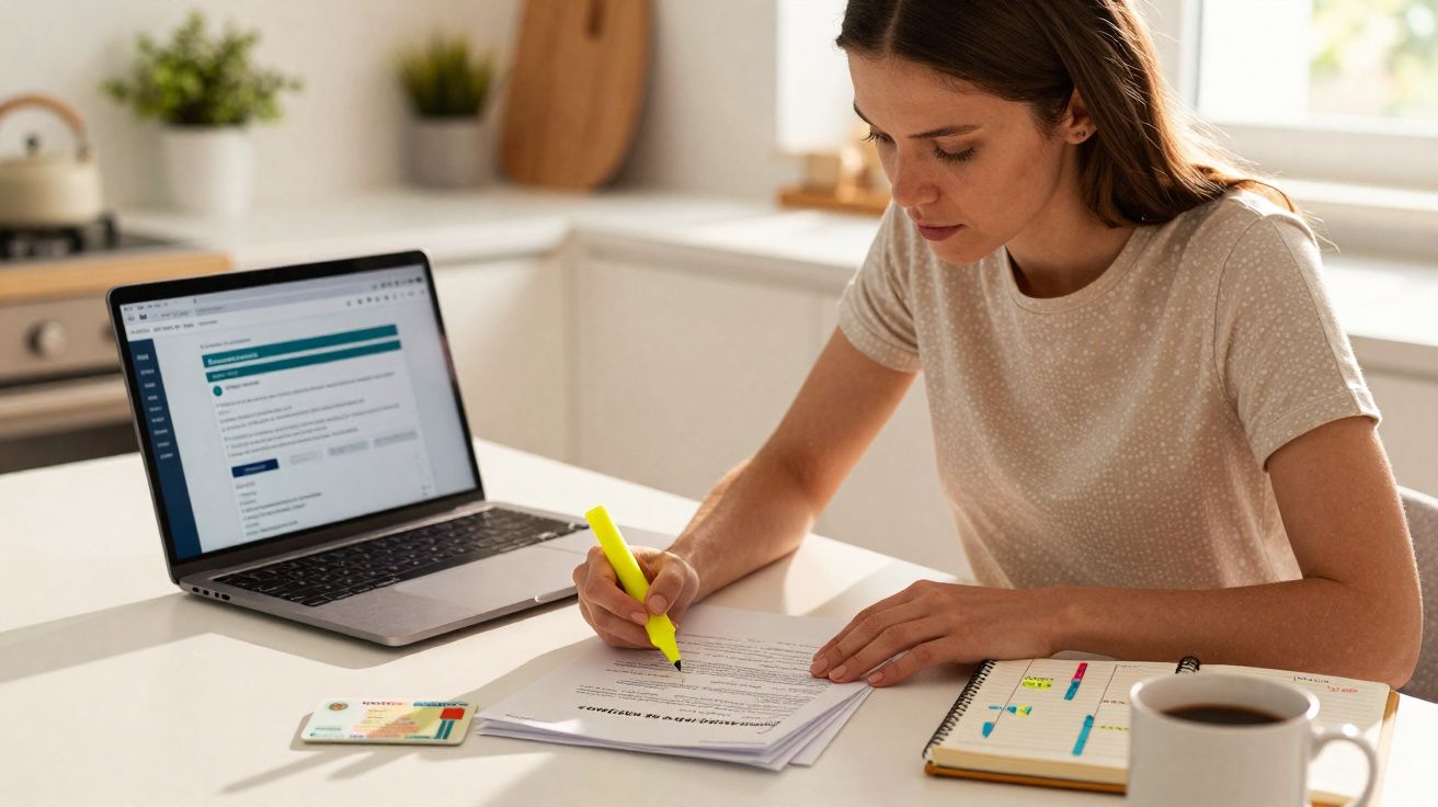 Mulher a sublinhar documentos com marcador amarelo, com computador portátil, agenda e café numa mesa branca.