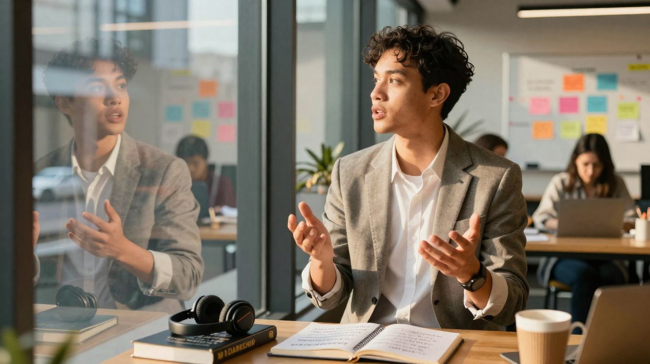 Jovem a discutir ideias num escritório moderno, com livros, caderno e auscultadores na mesa.