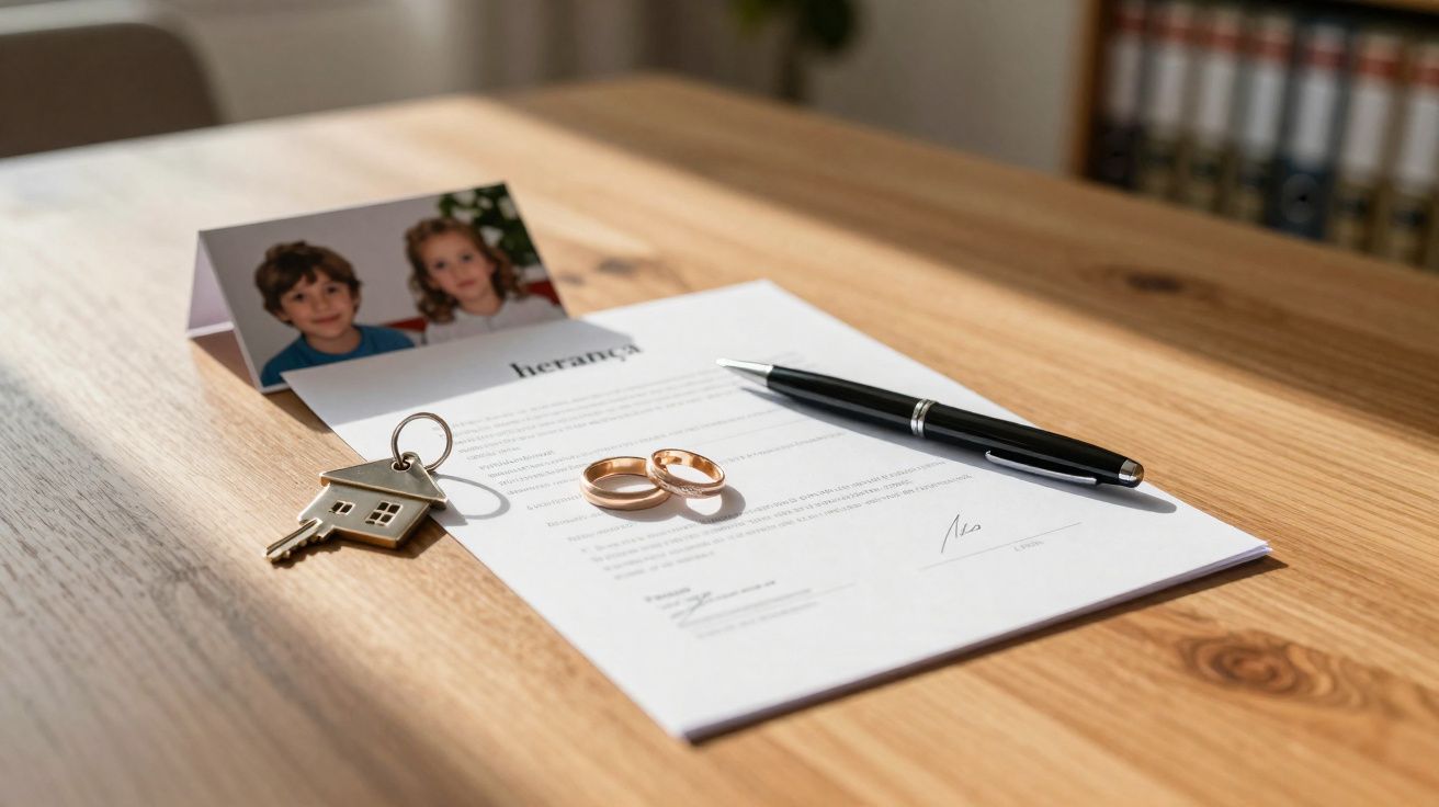 Documento de herança com alianças, chave de casa, caneta e fotografia de crianças sobre mesa de madeira.