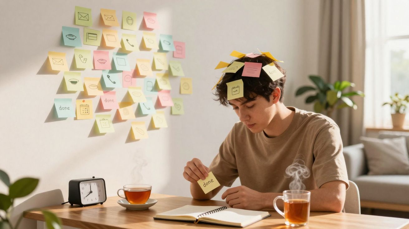 Jovem com vários post-its na cabeça e à sua volta, sentado a trabalhar à mesa com chá.