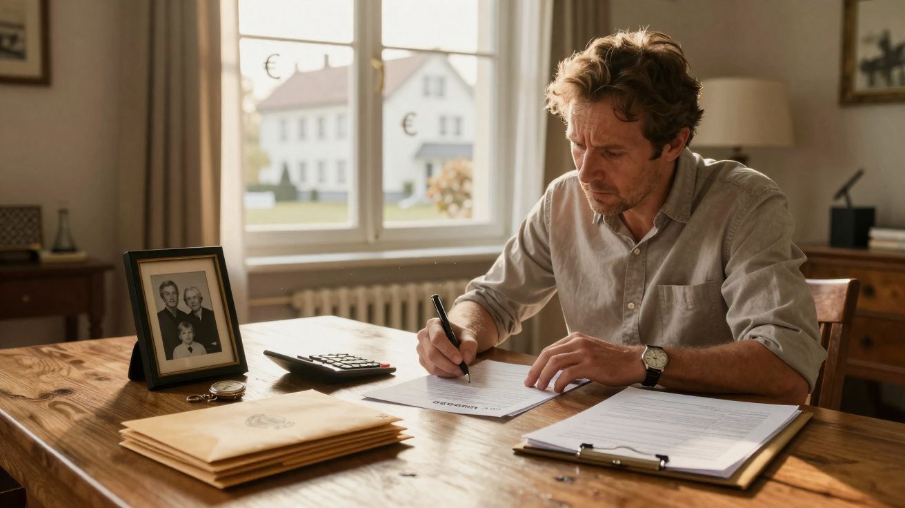 Homem sentado a escrever em papel numa secretária de madeira com janela ao fundo e porta-retratos.