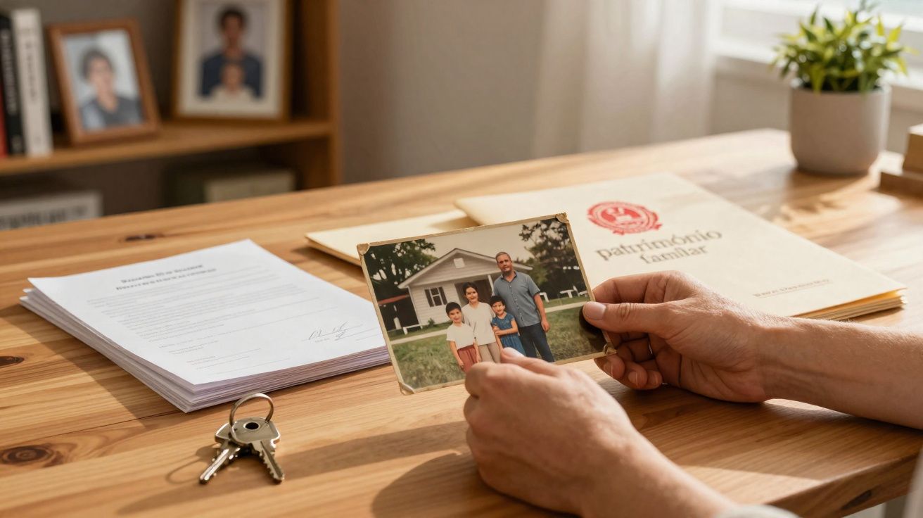 Mãos a segurar uma foto de família diante de documentos, chaves e pasta de património familiar numa mesa de madeira.