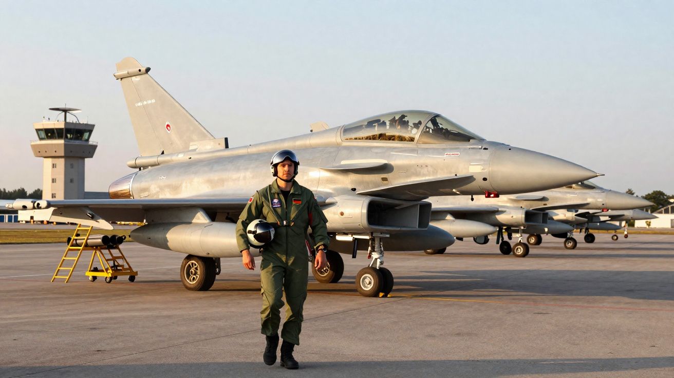 Piloto militar com farda verde caminha em pista diante de aviões de caça estacionados sob luz do entardecer.