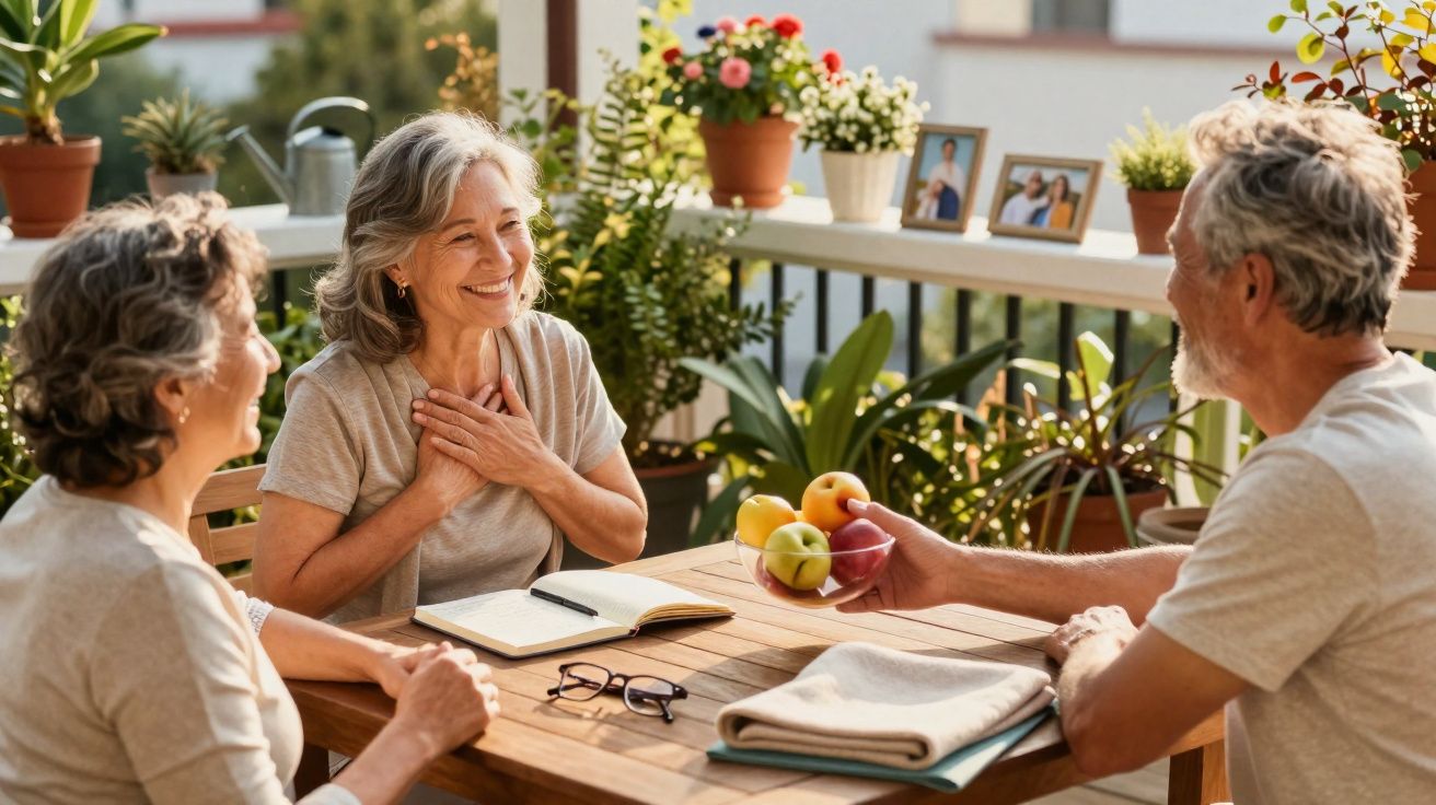 Três idosos sentados à mesa numa varanda, rodeados de plantas, partilhando uma tigela de frutas.