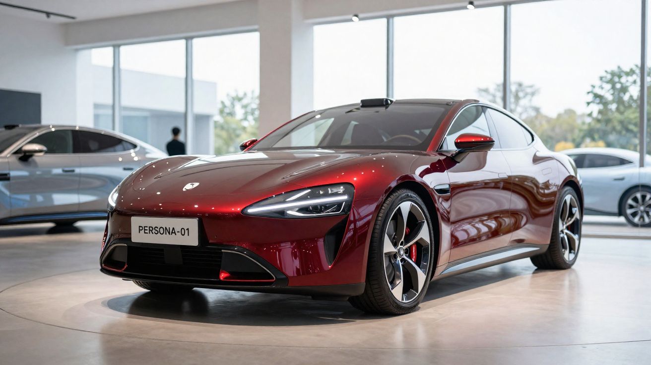 Carro desportivo elétrico vermelho exposto em stand moderno com grandes janelas e outros veículos ao fundo.