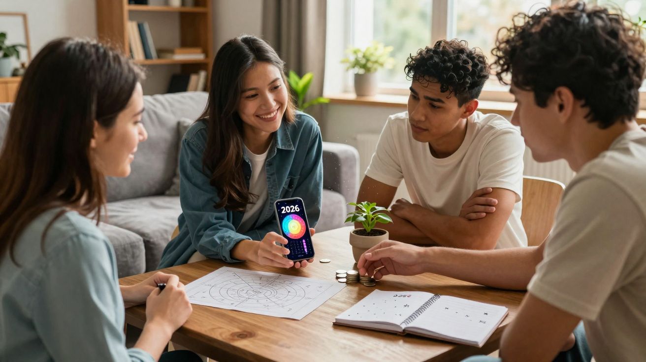 Quatro jovens reunidos à volta de uma mesa, com calendários e um telemóvel mostrando o ano 2026.