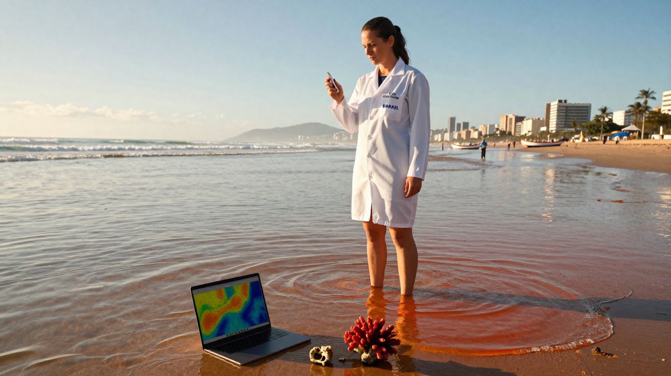Mulher com bata branca em água rasa na praia, com portátil ligado e amostras marinhas na areia.