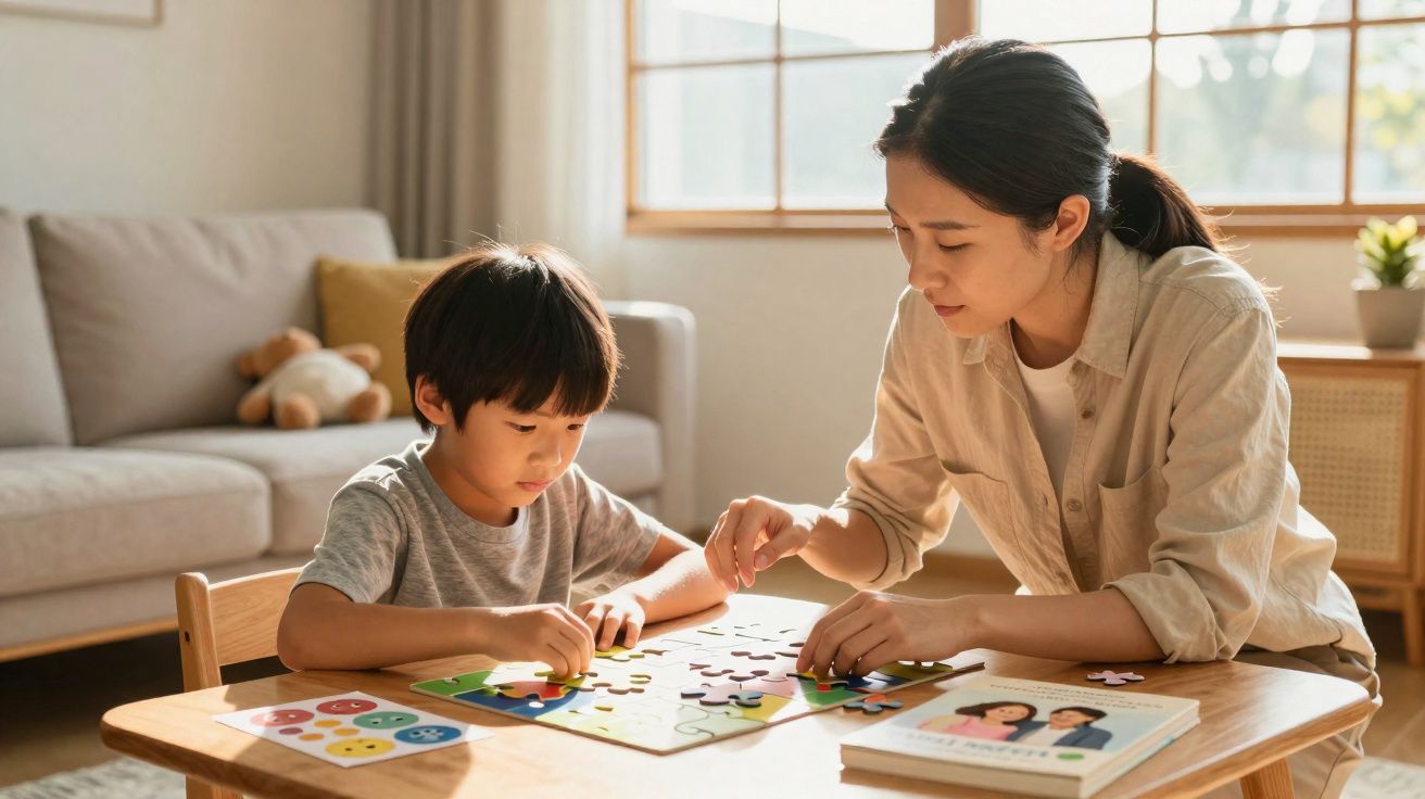 Mulher e menino asiáticos montam puzzle juntos numa mesa de madeira numa sala iluminada.