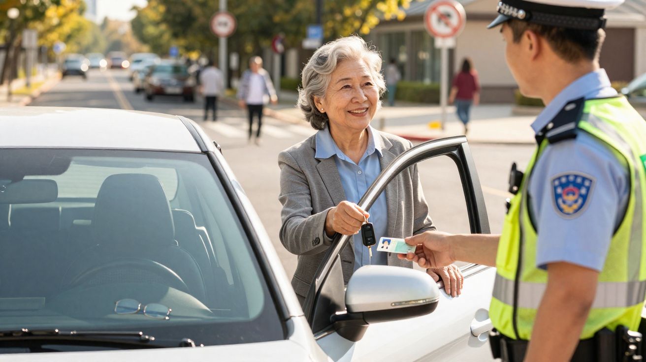 Condutora sénior entrega carta de condução a polícia numa rua urbana ensolarada.