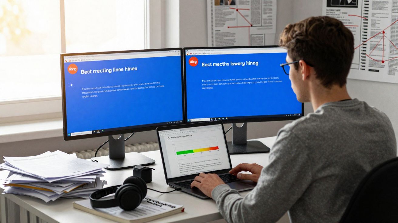Homem a trabalhar num computador portátil com dois monitores numa secretária cheia de papéis e auscultadores.