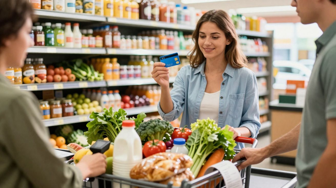 Mulher a pagar com cartão num supermercado, com carrinho cheio de legumes, frutas e pão.