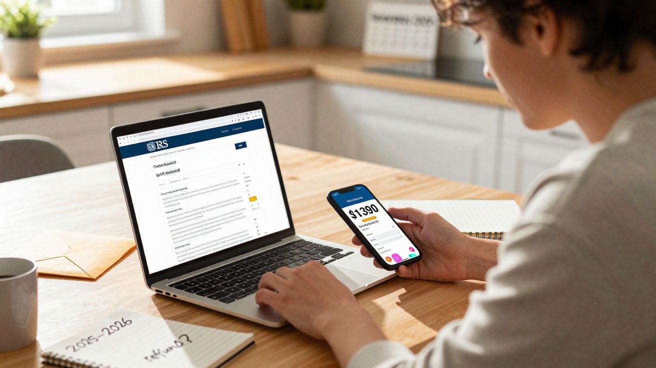 Pessoa a consultar saldo financeiro num telemóvel e a trabalhar num portátil numa mesa de madeira.