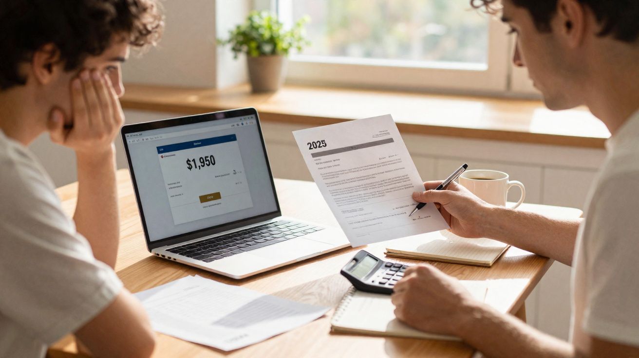 Duas pessoas a analisar documentos financeiros e um computador com valor de $1,950 numa mesa iluminada.