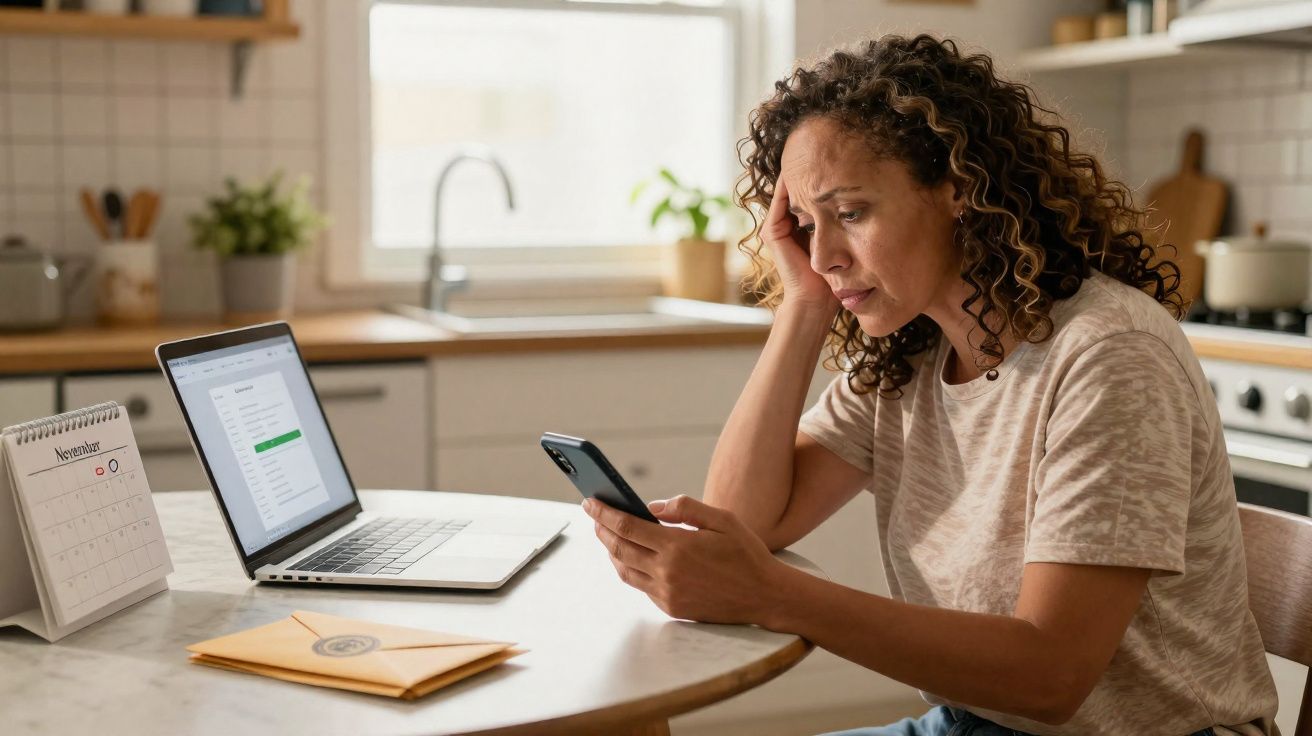 Mulher preocupada sentada à mesa na cozinha, a olhar para o telemóvel, com computador portátil e calendário à sua frente.