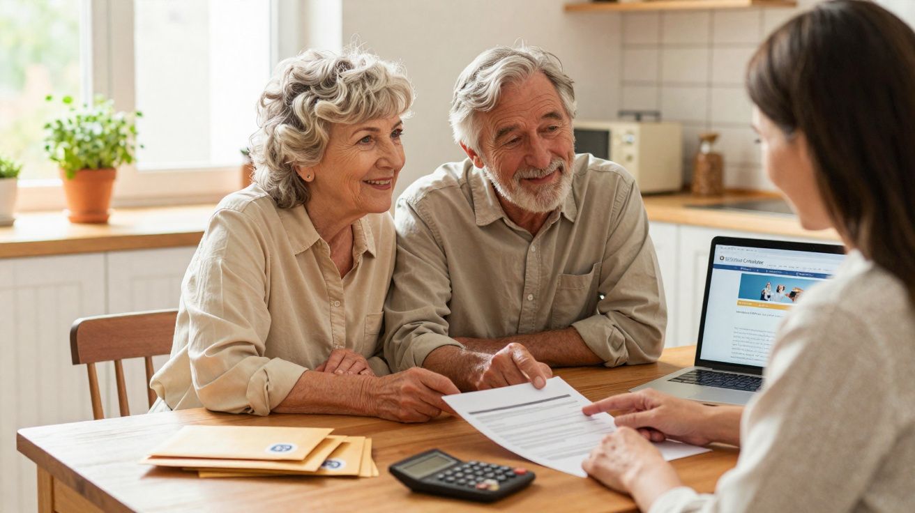 Casal sénior a sorrir enquanto conversa com consultora numa mesa com documentos e calculadora.