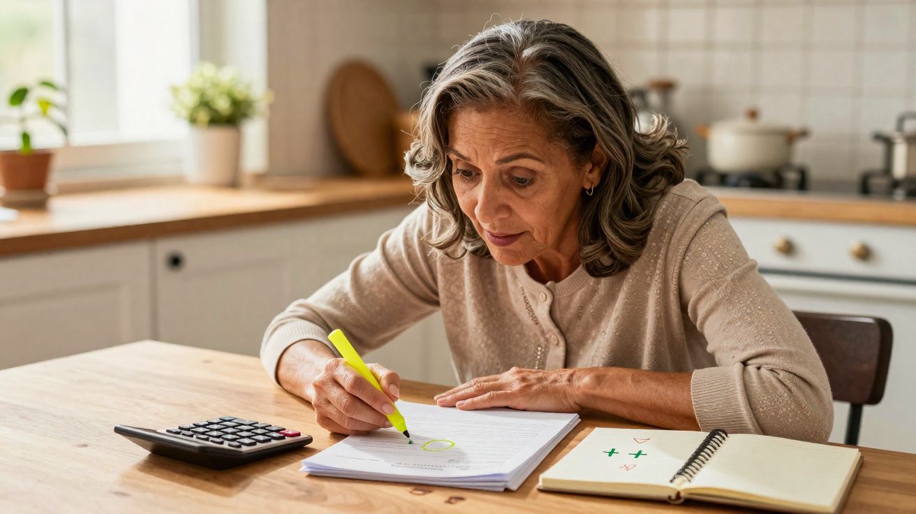 Mulher sénior a sublinhar documentos com marcador amarelo, com calculadora e agenda na mesa da cozinha.