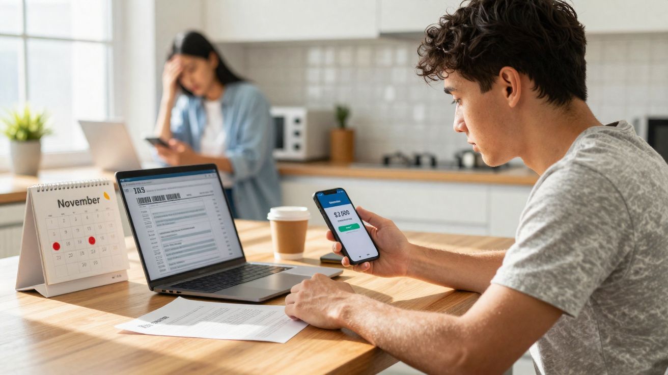 Jovem preocupado a consultar pagamento no telemóvel com documentos e computador numa mesa de cozinha.
