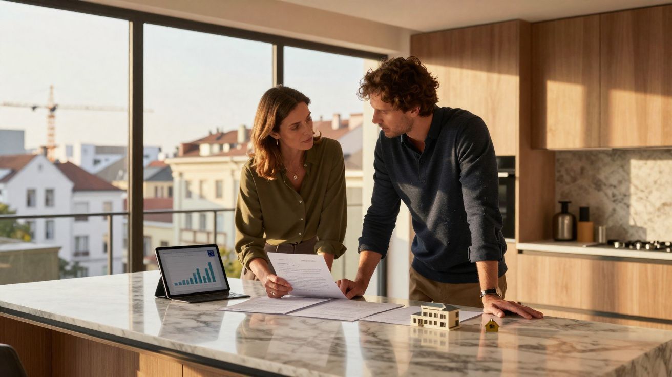 Casal analisa documentos e gráficos num balcão de cozinha moderna com miniaturas de casas.