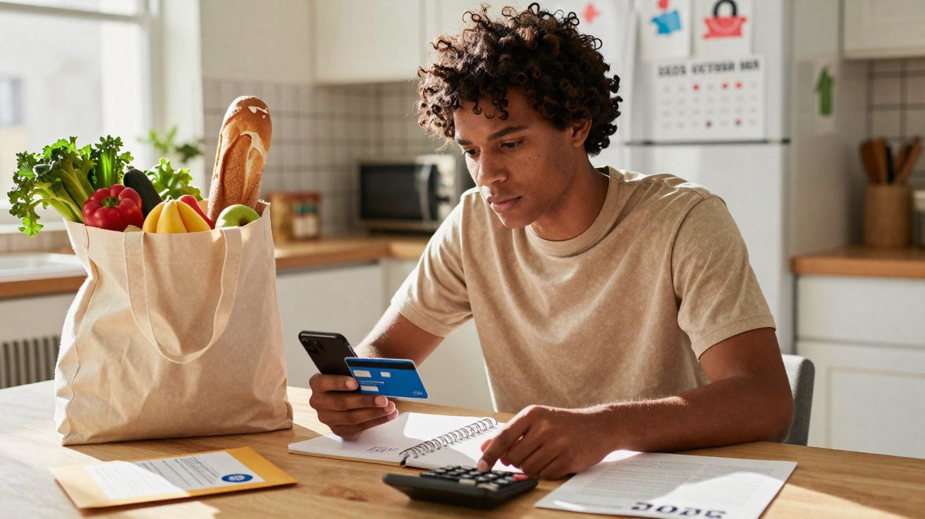 Homem a calcular despesas à mesa da cozinha com cartão, telemóvel e sacola de compras.
