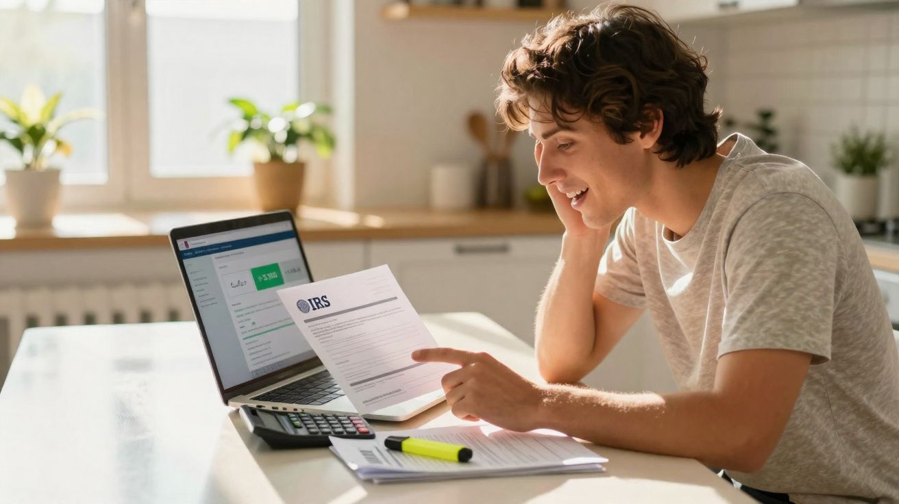 Jovem a sorrir a ler documento do IRS em frente a portátil numa cozinha iluminada.