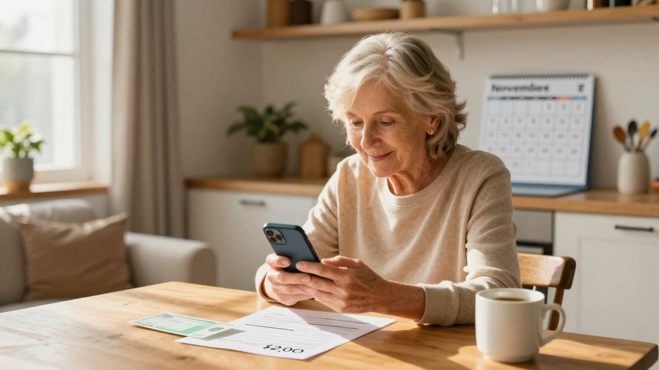 Mulher sénior sentada à mesa, a usar telemóvel, com documentos e uma caneca numa cozinha iluminada.