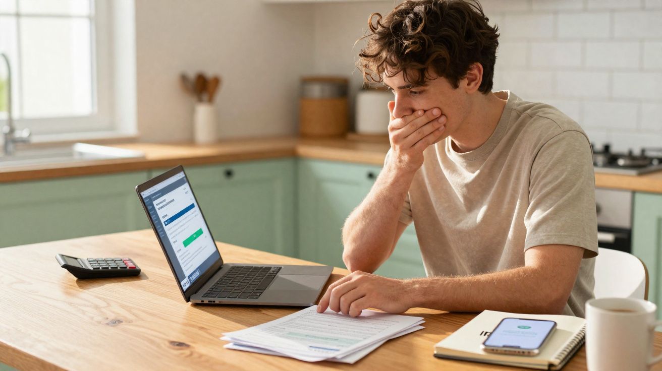 Jovem sentado à mesa com laptop e documentos, mostrado preocupado enquanto consulta informações financeiras.