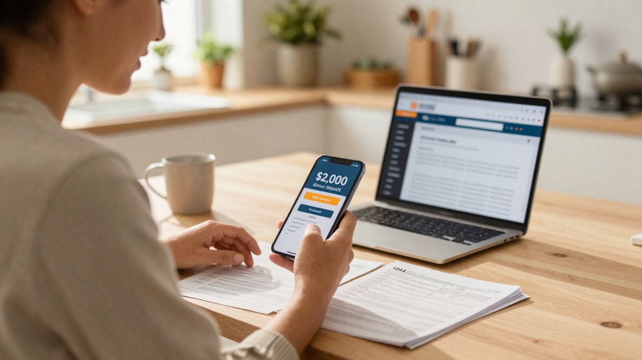 Pessoa a consultar o saldo de $2.000 numa aplicação móvel, sentada numa mesa com documentos e computador portátil.