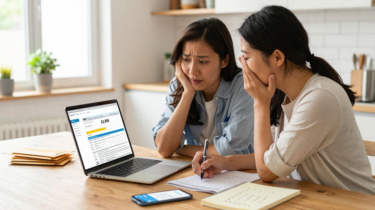 Duas mulheres preocupadas a analisar uma fatura no computador numa cozinha.