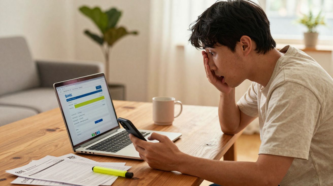 Jovem sentado a uma mesa com portátil aberto, a olhar preocupado para o telemóvel, documentos e caneta à frente.