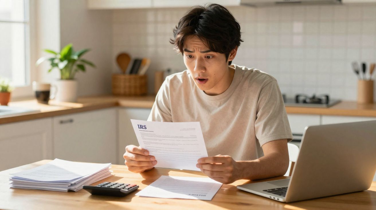 Homem preocupado a ler documento financeiro na cozinha com calculadora, laptop e papéis na mesa.