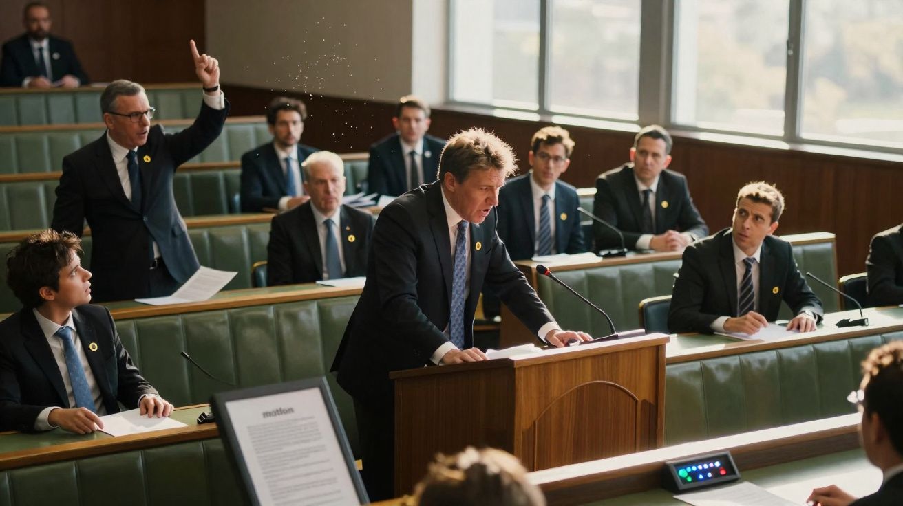 Homem em fato discursa num parlamento, outros homens em fato ouvem atentos durante debate formal.