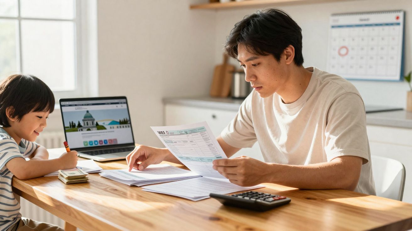 Homem a analisar documentos e a usar calculadora numa mesa de madeira, criança a desenhar ao lado.