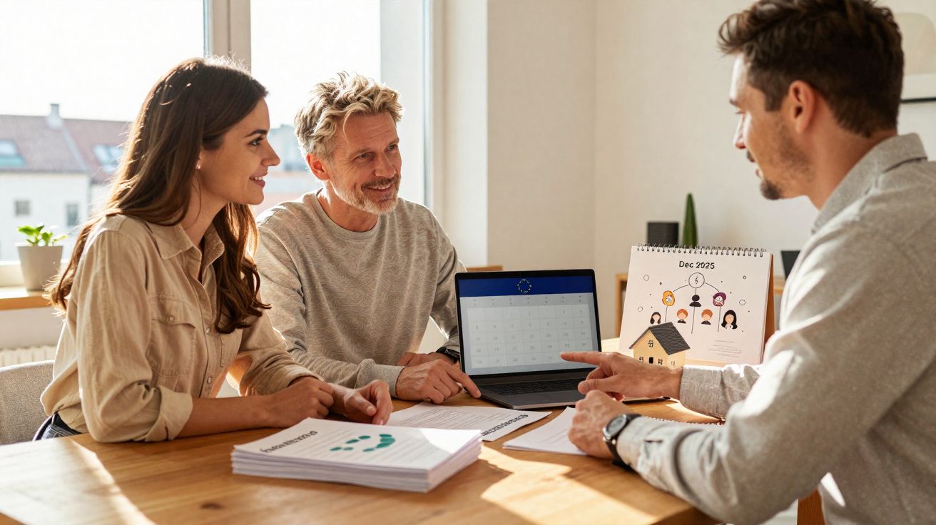 Casal a consultar um consultor financeiro, com documentos e laptop numa mesa em escritório iluminado.